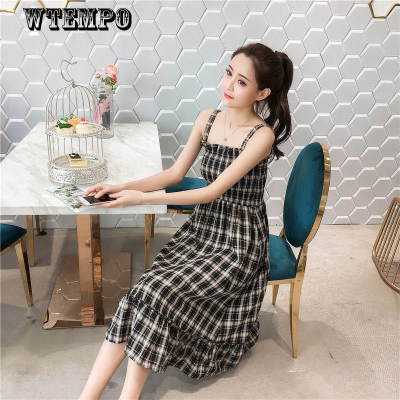 WTEMPO Brand Summer Loose Sling Small Fresh Women's Student Tube Top Long Plaid Dress
