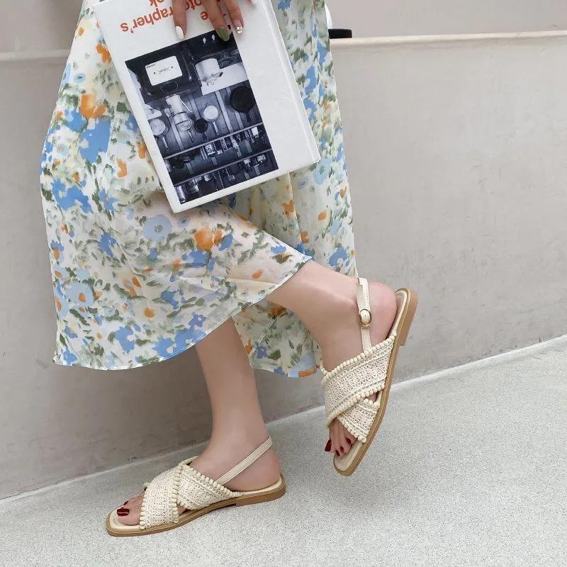 Roman Sandals Female Fairy Style Ethnic Korean Wild Retro Open-toed Cross Strap Flat Shoes