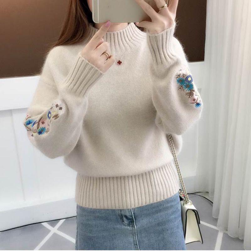 Half Turtleneck Sweater Thicken Women's Autumn and Winter Short Embroidery Flower Base Knit Long Sleeve Pullover