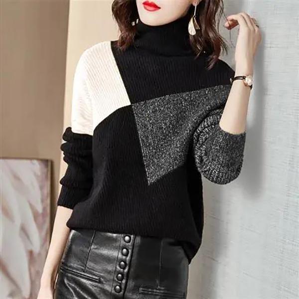 Women's Simple Splicing Turtleneck Sweater Loose Casual Knitted Bottoming Shirt Color Matching Fashion Temperament Sweater
