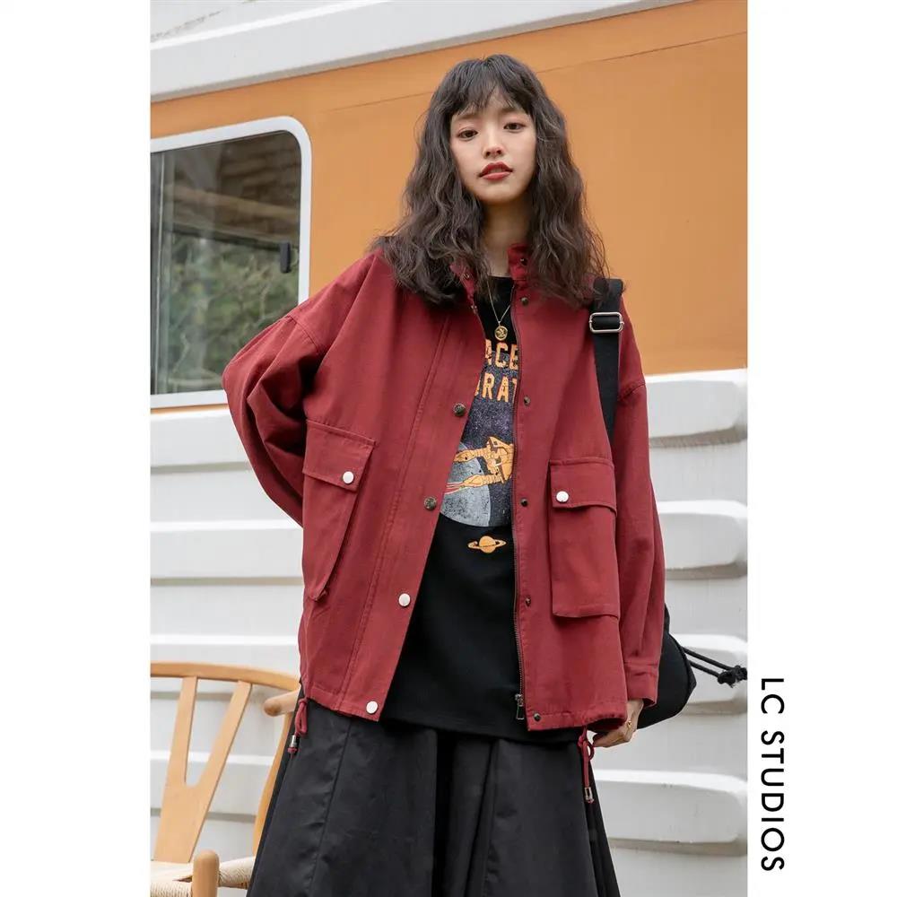 Spring and Autumn New Tooling Jacket Female Student Korean Version Loose Hong Kong Style Retro Solid Color Long-sleeved All-match Jacket Top