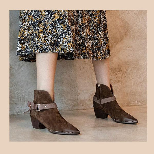 Vintage Pointed Suede Boots British Style Soft Chelsea Boots Thick Heel Plus Velvet Ankle Boots