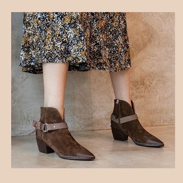 Vintage Pointed Suede Boots British Style Soft Chelsea Boots Thick Heel Plus Velvet Ankle Boots