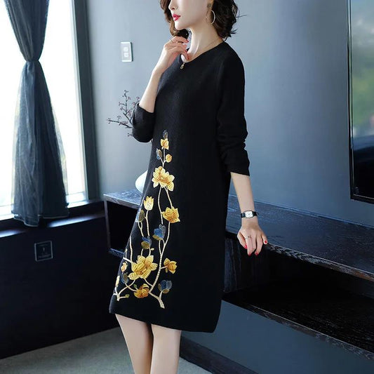 Women's Autumn Plus Size Non Plush Bottomed Dress Slim Mid-length Thickened Dress Loose Versatile Printed Warm Dress