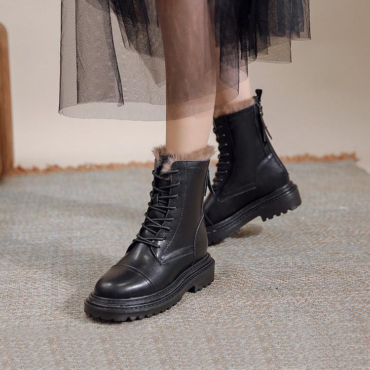 Real Fur Boots for Women Winter Shoes Genuine Leather Boots Black Ankle Booties Platform Chunky Boots Flat Botas