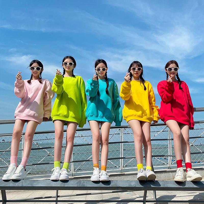 Sisters Outfit Color Plus Size Loose Round Neck Sweater Unisex Class Clothes Couple Candy Color Long Sleeve Pullover Sweatshirt Girlfriends Outfit