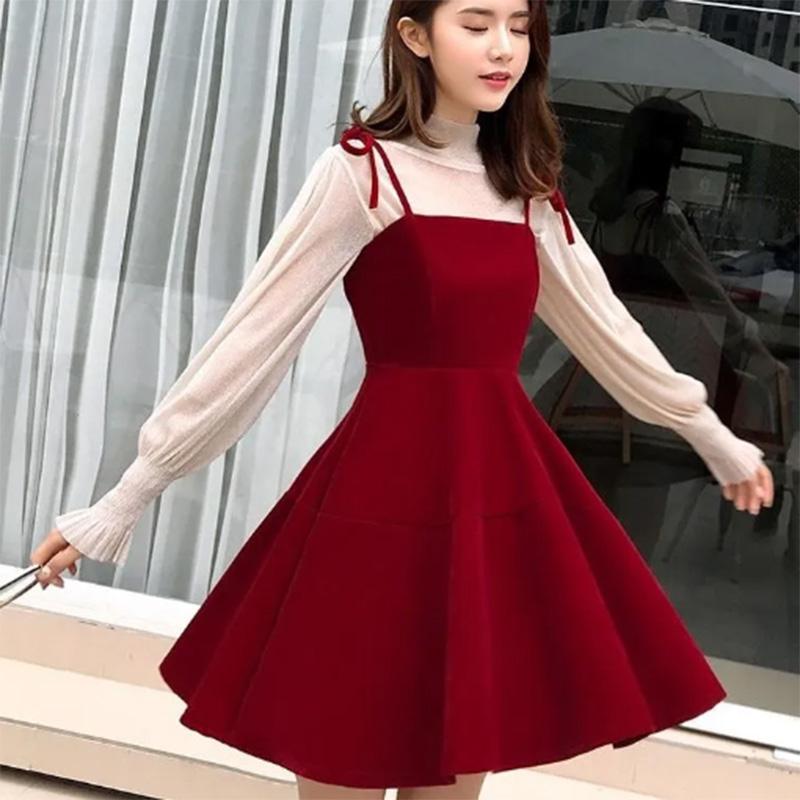Stand Collar Spring and Autumn Solid Color Long-sleeved Dating Travel Bottoming Shirt French Suspender Dress Super Fairy Suit Skirt Female