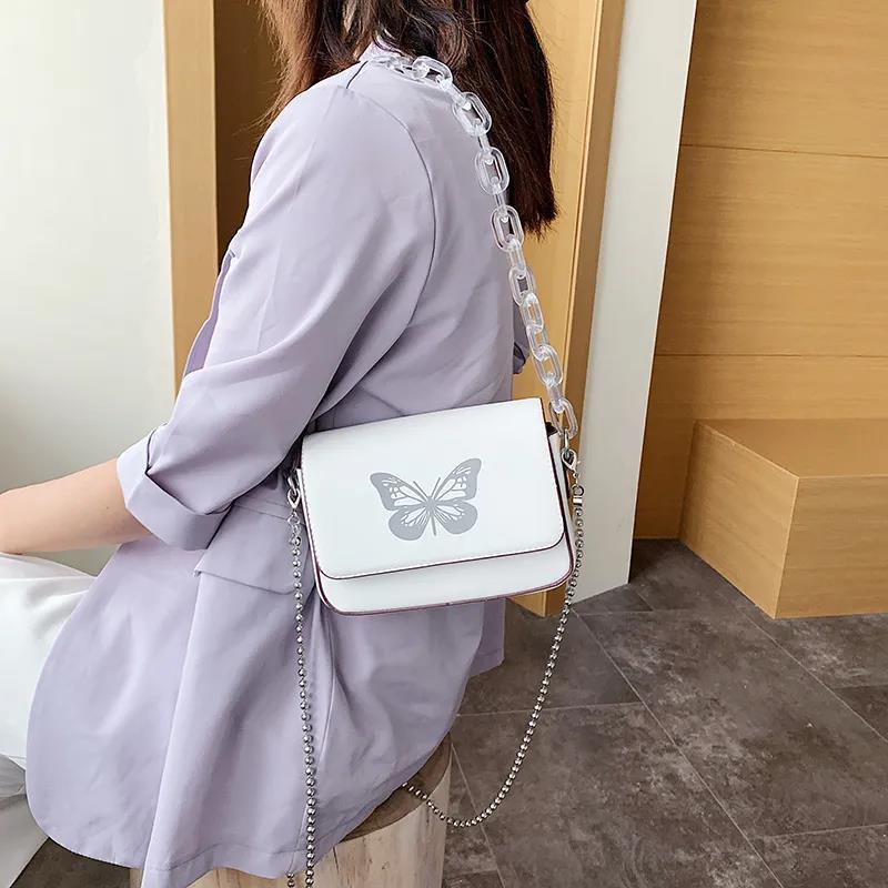 Butterfly Print Chain Shoulder Bags Casual Female Crossbody Bags Portable PU Leather Multi-Layer Transparent Chain Handbag
