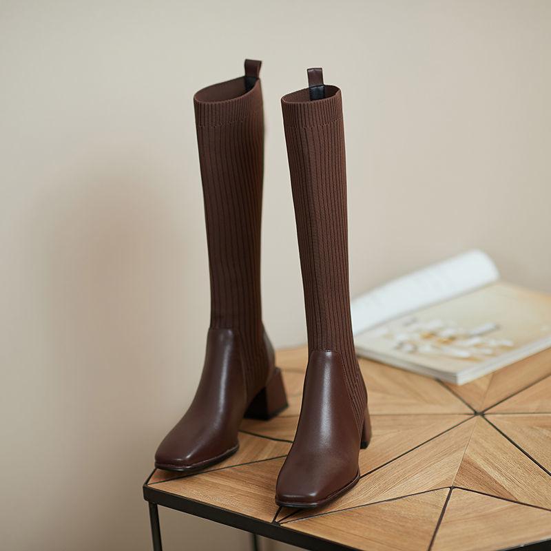 Women's Leather Socks and Long Boots But The Knee Is Thinner Stretch Knit Mid-tube High-heeled High Boots
