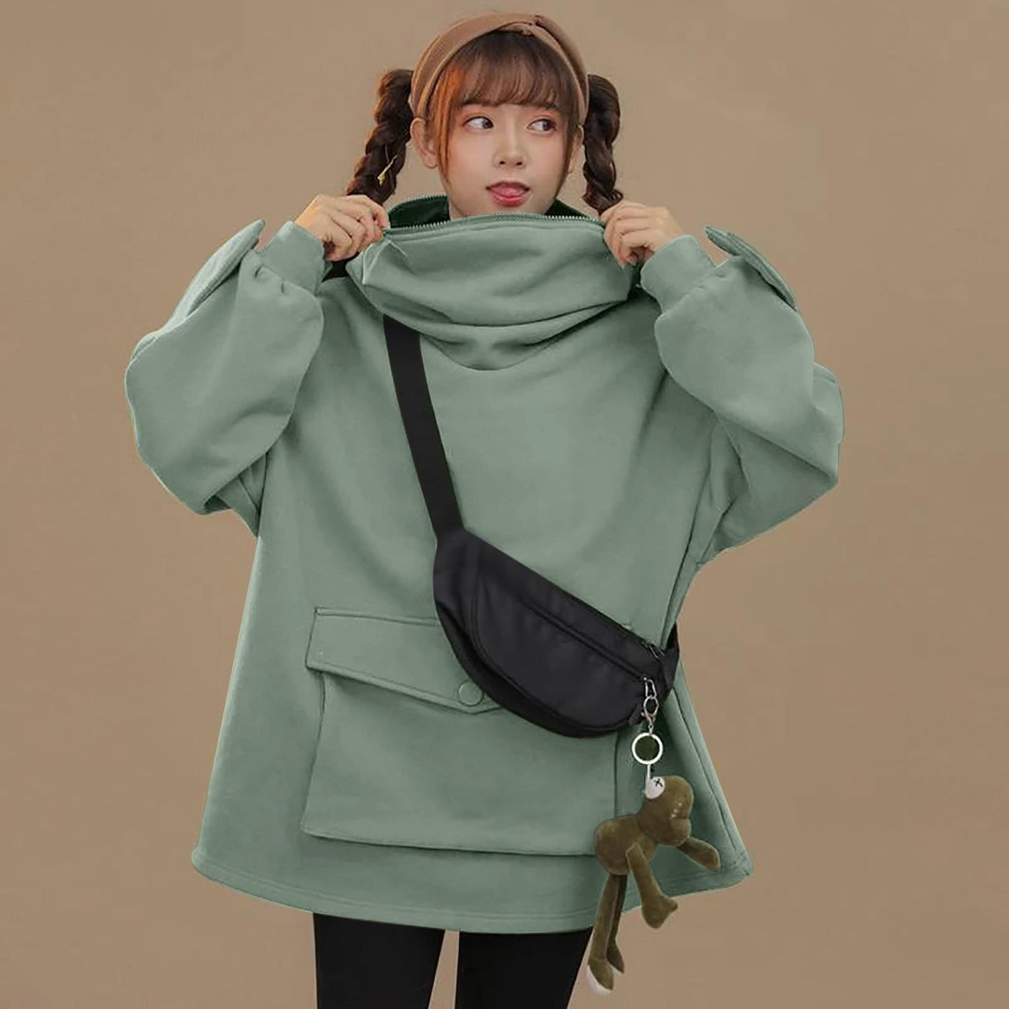 Women's Sweatershirt Zipper 3D Pocket Cute Frog Design Pullover Sweater Coat