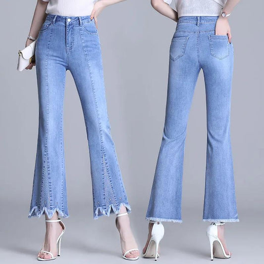 Nine Points Denim Short Pants Women Summer High Waist Loose Pants Trendy Straight Leg Pants Flared Pants