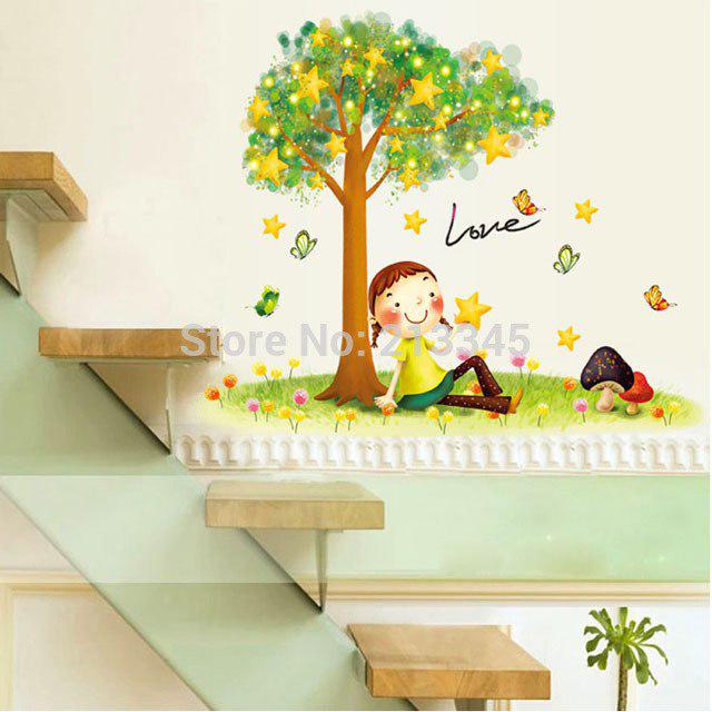 [sticker Monopoly ]Under The Stars Tree Little Girl Cartoon Wall Decor Decal Home Bedroom Kids Room