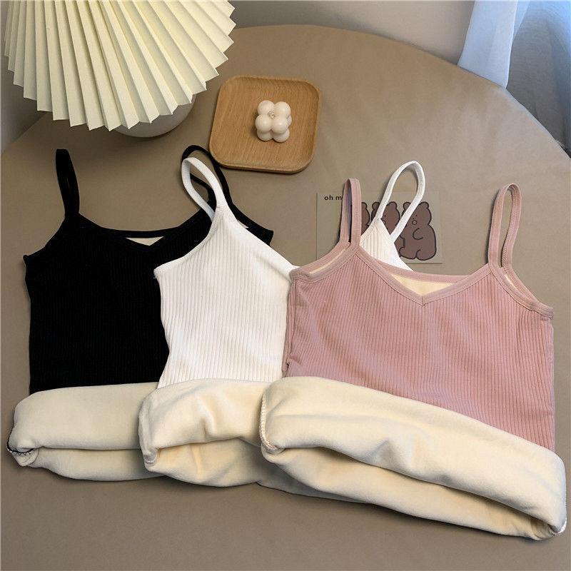 Winter Camisole Crop Top Women Plus Velvet Bralette Spaghetti Strap Corset Tank Top Winter Warm Thermal Vest Innerwear Bralets Yk2 Cami Black