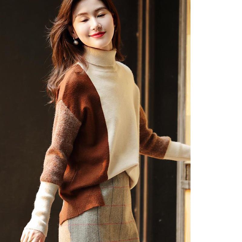 Turtleneck Color-blocking Split Sweater Women Autumn  Winter Women's Clothing Loose-fitting All-match Bottoming Sweater