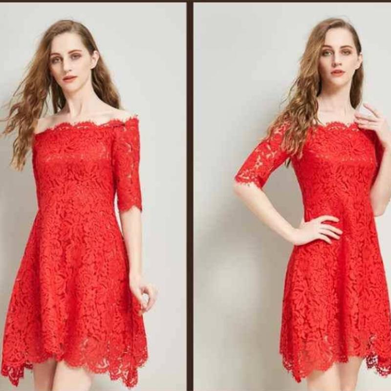 Fashion Summer Off-shoulder Sexy Slash Neck Red Lace Dress Knee-length Asymmetrical Party Dress