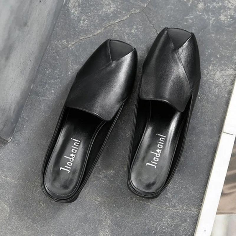 Leather Yellow Sandals Women's Summer Style Open-toe Flat Bottom Fish Mouth Fashion All-match Thick Heel Half Slippers Women