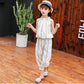 Girls' Suit Summer Thin Korean Vertical Stripe Printing Two Piece Set Bow Top Capris Casual Wear Breathable
