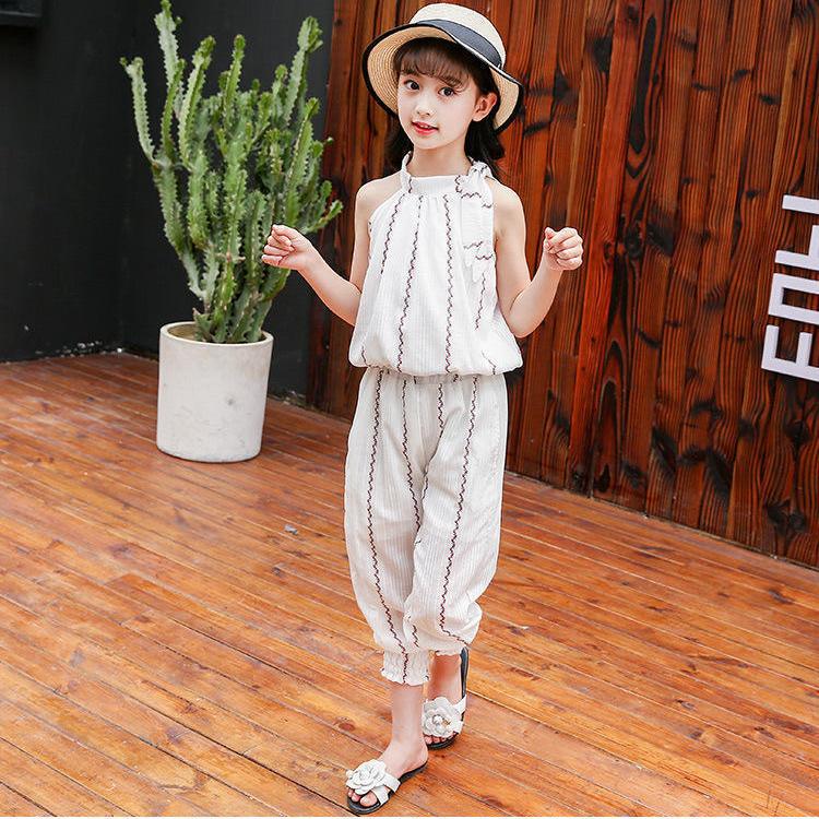 Girls' Suit Summer Thin Korean Vertical Stripe Printing Two Piece Set Bow Top Capris Casual Wear Breathable