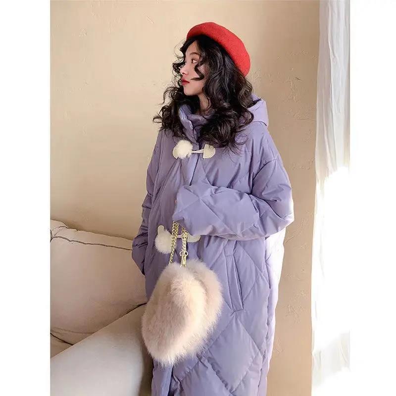 Duck Down Retro Diamond Lattice Horn Buckle Real Hair Ball Cute Down Jacket Mid-length Hooded Loose Warm Jacket Women