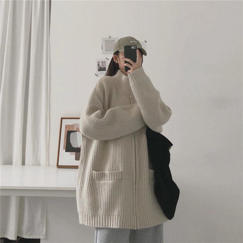 Autumn and Winter Students Loose and Versatile Lazy Knit Cardigan Zipper Jacket Sweater Women
