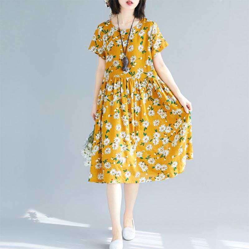 Small Daisy Floral Dress Ethnic Style Printed Literary Mother Dress Round Neck Mid-length Large Swing Skirt