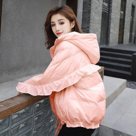 Winter Clothes New Personality Women's Down Jacket Candy Color Hooded Drawstring Ruffled Sleeves Fashionable White Duck Down Loose Coat