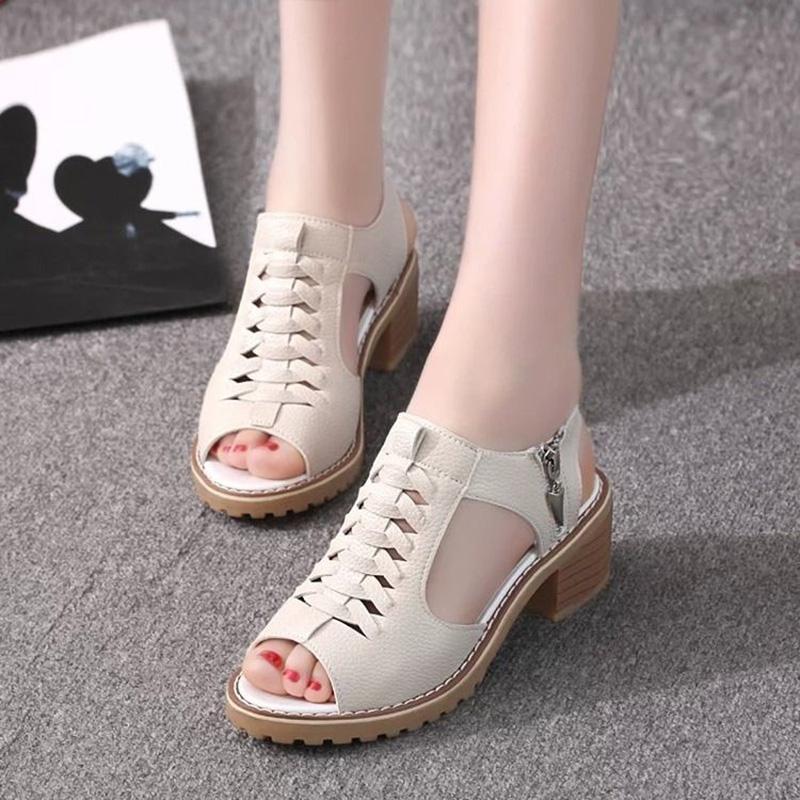 Thick Heel Sandals Female Summer Flat Bottom Korean Students Wild Fish Mouth Retro Princess Mid-heel Female Shoes