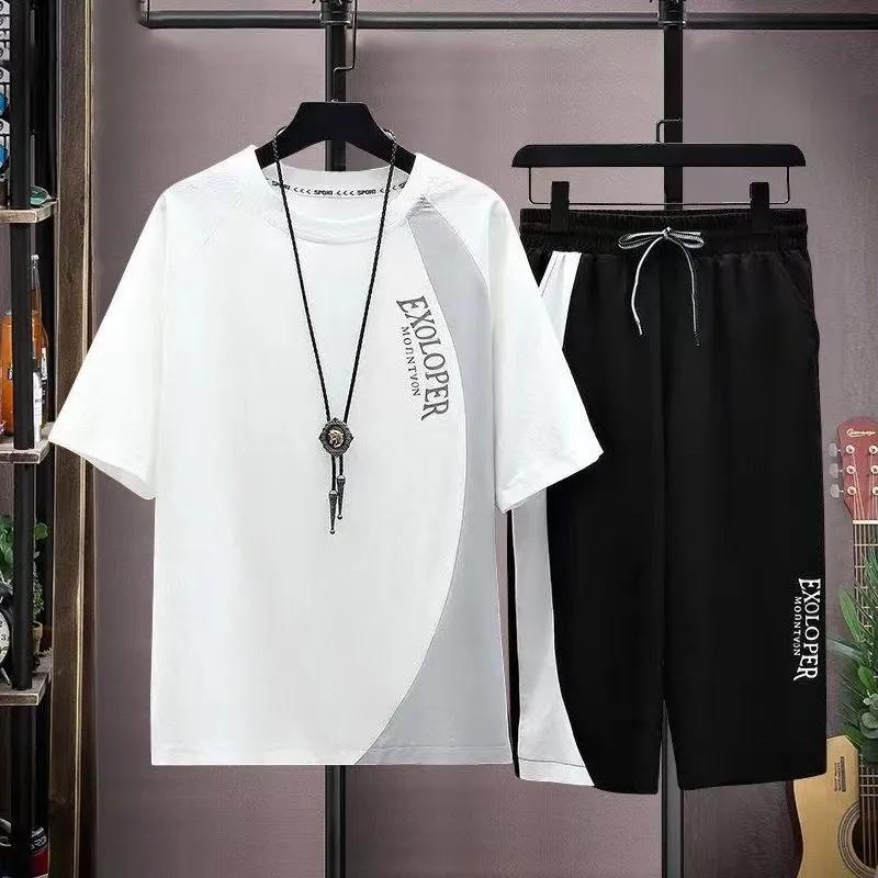 Summer Short-sleeved T-shirt Suit Men's Trend Youth Casual Sports Cropped Two-piece Set