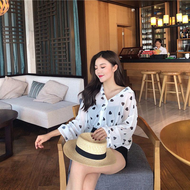 Loose Chiffon Sunscreen Shirt Small Long-sleeved Air Conditioning Cardigan Women Summer Clothing Thin Print Love Ladies Blouses