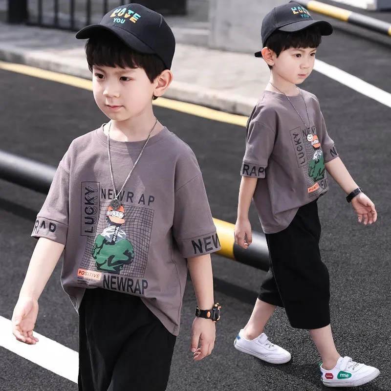 Children's Clothing Boys Summer Suit Fashion Soft Breathable Light Breathable Cartoon Letter Printing Short Sleeves + Cropped Pants Two-piece Set