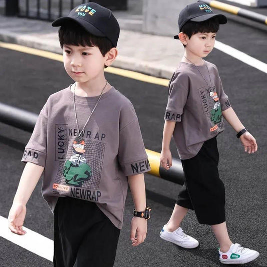 Children's Clothing Boys Summer Suit Fashion Soft Breathable Light Breathable Cartoon Letter Printing Short Sleeves + Cropped Pants Two-piece Set