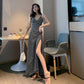 Fashion women Sexy off shoulder Spaghetti Strap Dress elastic V-neck stripe backless Maxi Dress
