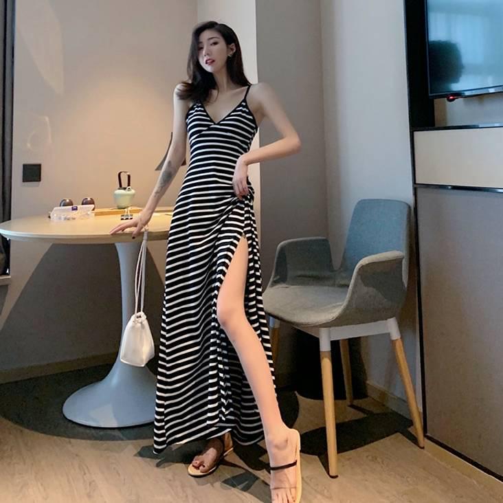 Fashion women Sexy off shoulder Spaghetti Strap Dress elastic V-neck stripe backless Maxi Dress