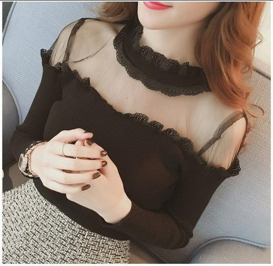 Mesh Off Shoulder Sweater Ladies T-Shirt Spring Summer Sexy Lace Slim Fit Long Sleeve Knit Pullover Bottoming Top