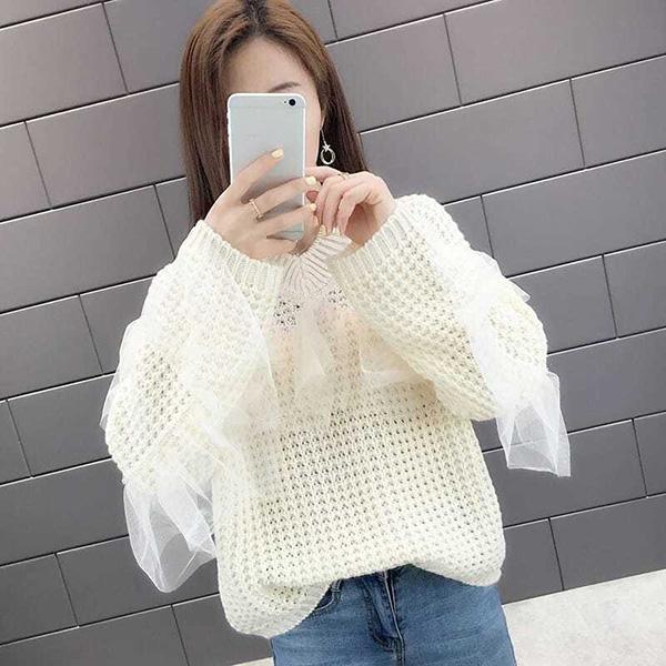 Hollow Lace Stitching Sweater Autumn and Winter Fashion Bottoming Shirt Solid Color Long-sleeved V-neck Sweater Casual All-match Top