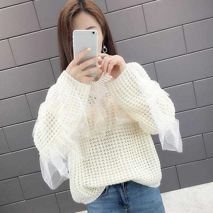 Hollow Lace Stitching Sweater Autumn and Winter Fashion Bottoming Shirt Solid Color Long-sleeved V-neck Sweater Casual All-match Top