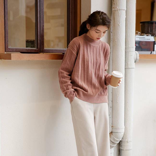 Autumn Winter Solid Color Loose Pullover Sweater Thick Women Half Turtleneck Base Sweater