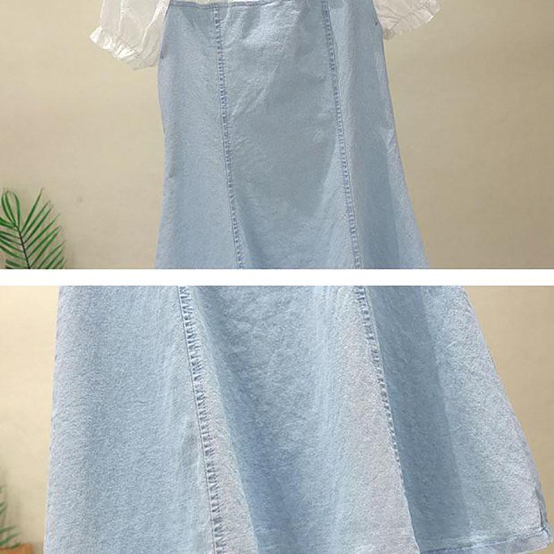 Fashion Lace Stitching One-shoulder Denim Dress Buttoned A-line Skirt Small Summer