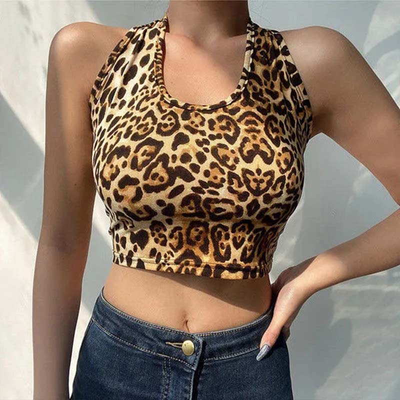 Ladies Short Sexy Crop Top Leopard Print Halter Neck Small Camisole Women's High Waist Open Back Tube Top Trend Steetwear Tank Top Sleeveless Pullover