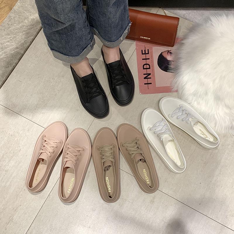 Women Flats 2020 Arrival Antiskid Lace Up Round Toe Casual Shoes Outdoor Water Proof Comfortble Soft Women Jelly Shoes