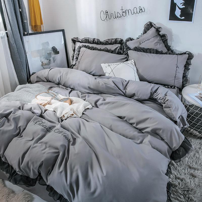 4 PCS Elegant Lace Cotton Bedding Set Bed Sheet Bed Cover Queen/king Size Solid Color Quilt Cover