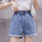 High Waist Denim Shorts Women's Elastic Waist Outer Wear A-line Wide-leg Shorts Women's Denim Shorts Adjustable Waist