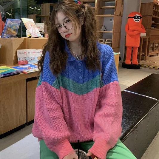 Autumn and Winter Polo Collar Sweater Women's Niche Color Matching Design Sweet Wind Loose and Thin Regular Sweater Trend