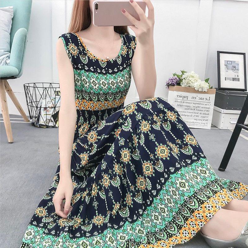 Summer Bohemia Ethnic Print Dress Round Neck  Sleeveless Loose High Waist Cotton Silk Vest Beach Skirt