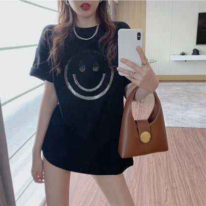 Cotton Mid-length Short-sleeved T-shirt Women's Korean Version Drill Loose Temperament All-match Trend