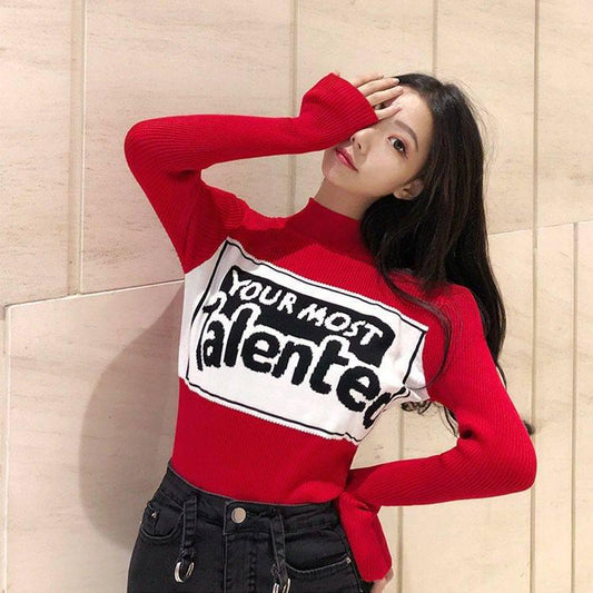 Pofulove Colorblock Lettering Turtleneck Sweater Hong Kong Style Retro Bottoming Slim Fit