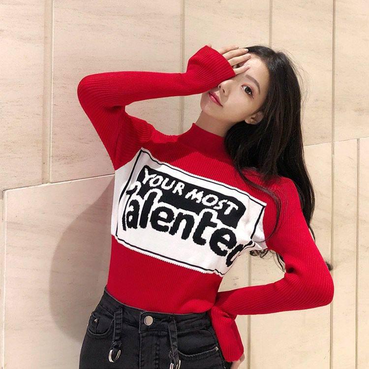 Pofulove Letters Half Turtleneck Sweater Hong Kong Style Retro Bottoming Shirt Slim Contrast Color