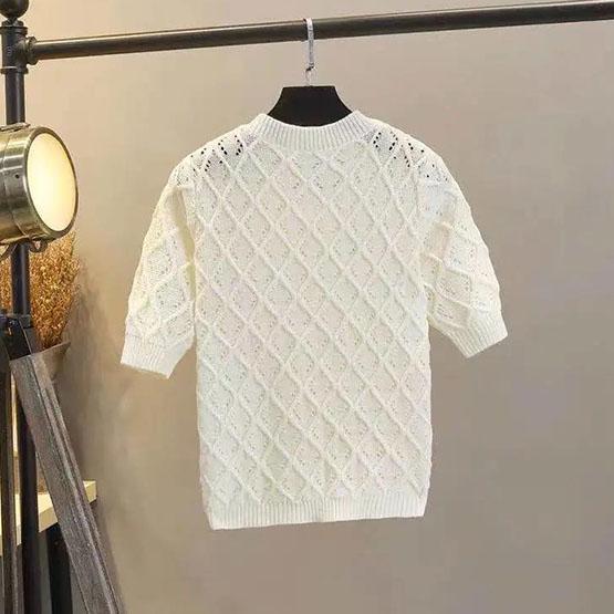 Spring and Summer Diamond Studded Short Sleeve Hollow Out Single Breasted Sweater Solid Color Temperament Slim Fitting Short Top