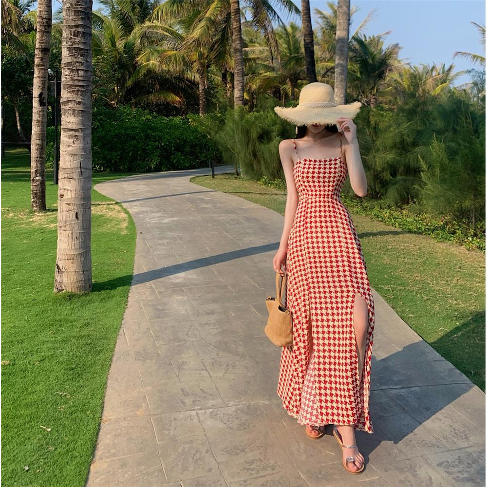 Female Vintage Slim Suspender Holiday Dress Elegant Backless Long Graceful Plaid Vacation Dress