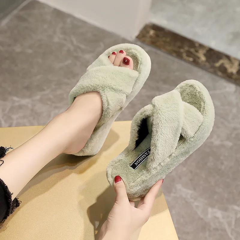 Heightening Woolen Slippers Women's Thick Soled Shoes In Autumn and Winter Versatile Non Slip Women's Slippers Outside